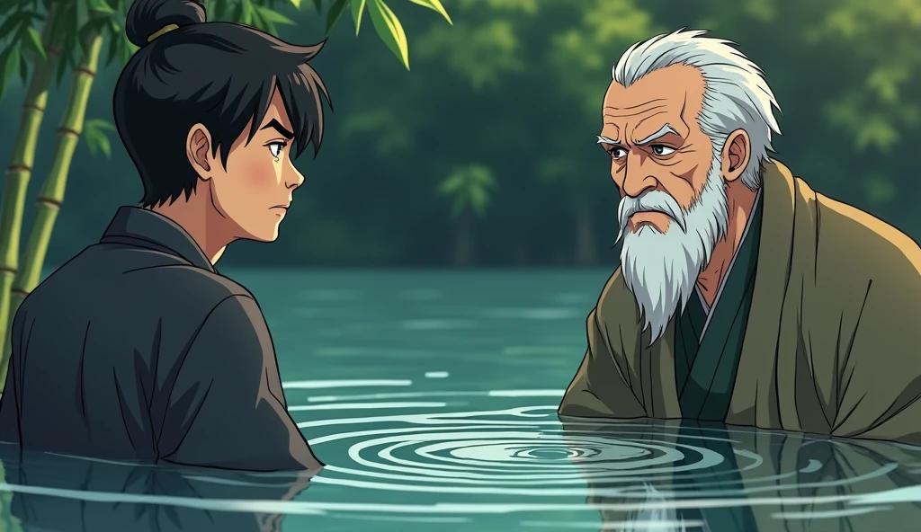 Close-up of Master Koji speaking to Hiro as the ripples in the pond begin to calm down, returning the water to stillness. Hiro listens intently, his expression beginning to soften.
: Show a close-up of an old Zen master speaking to a young man by a pond. The master’s expression is calm and wise, with the ripples in the pond gradually fading. Hiro’s expression is one of growing understanding. The background includes bamboo and still water in comic style