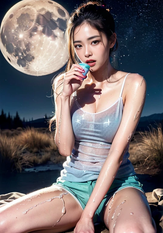  (((The world of Mad Max))) , (((night))), (((Starry sky and moon))),A boldly composed photograph of a Japanese woman that looks like it was taken by a famous artistic photographer, (((Blockbuster art photography)), (8k, Highest quality). A stunning composition using a model with excellent proportions. Perfect beauty model with a confident and balanced appearance, ((Highest quality質)), ((masterpiece)), (Familiar:1.4), ((Highest quality質のリアルな写真)), ((Shot with Hasselblad)), ((Best photo quality)), Beautiful womanの画像,Super Resolution,Slim and perfectly proportioned, Beautiful woman, ((Highest quality質, 8k, masterpiece: 1.3)), Beautiful woman, 1 female, Slim figure: 1.1, Perfect beauty, 20-year-old, (Realistic: 1.4), Ahegao, Shining Sweat, thin, Art photo composition with space around the woman, See through, (((The background is the American wilderness))), Full body photo, Anatomically correct hand, Anatomically correct legs, anatomically correct whole body, White camisole and shorts. Cowboy Shot, (((Holding your crotch with your hand))). Spread your legs, Drink Calpis, Nipples are protruding,, (((My camisole is wet with Calpis))), (((Being drunk))), (((Drooling))),  (((Lying on one&#39;s back))), (((The background is a vast desert landscape))), (((night))), (((Starry sky and moon))), (((The world of Mad Max))) ,