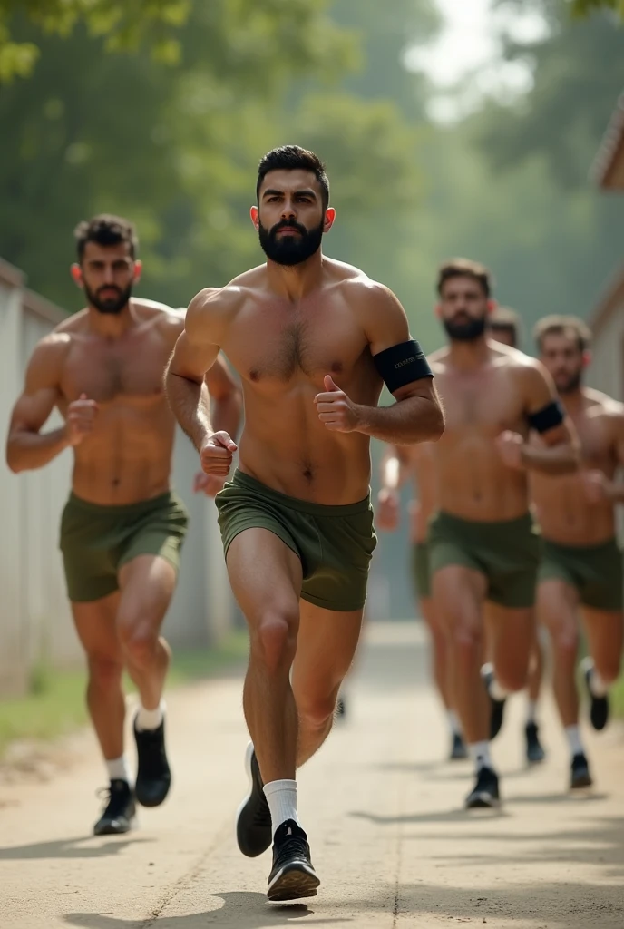 Young Iranian military men, strong, muscular, bearded, running in their olive green underwear, white socks and black sneakers, with black armbands on the left arms, inside an army barracks with trees and white walls in the background.