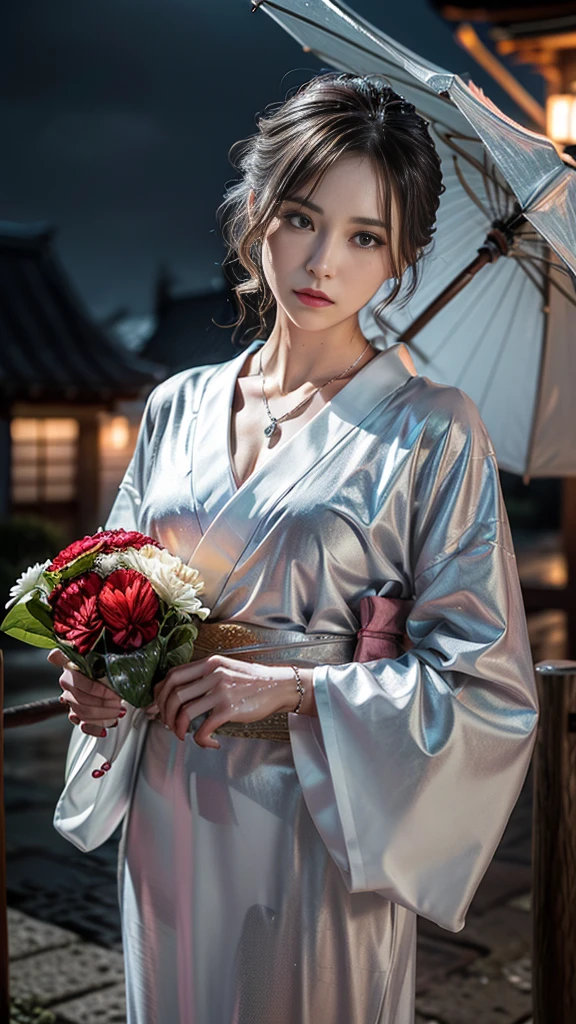 (RAW shooting:1.5, Photoreal, 8K, highest quality, masterpiece, ultra high resolution), ((Summer Night Rain)), perfect dynamic composition:1.2, (In front of a shrine at night in a modern city, expression of sadness:0.9, Tears are flowing:0.9, cry with a broken heart:0.9), Highly detailed skin and facial textures:1.2, Slim office lady wet in the rain:1.3, cowboy shot, Fair skin:1.2, sexy beauty:1.1, perfect style:1.2, beautiful and aesthetic:1.1, very beautiful face:1.2, water droplets on the skin, (rain drips all over my body:1.2, wet body:1.2, wet hair:1.3), (Professional kimono dressing:1.1, With a wet bouquet in hand:1.2, The correct way to wear a wet silver yukata:1.35), (Medium chest, Bra is sheer, Chest gap), (Big eyes that exude beautiful eroticism:0.8, adult charm:0.8, Bewitching:0.8), necklace, earrings, bracelet