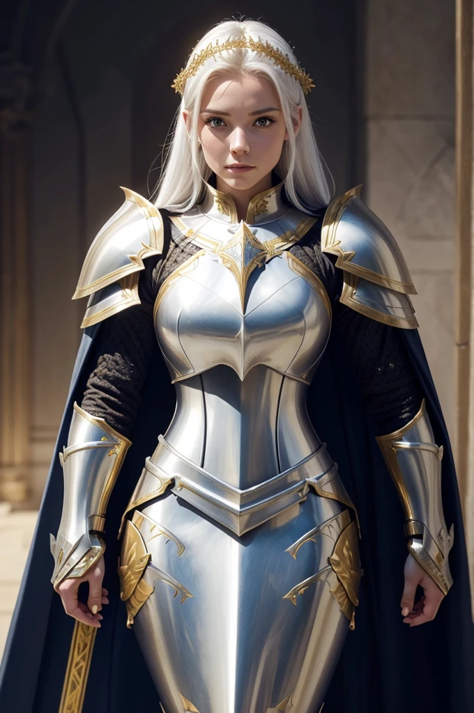 arafed image of a man dressed in armor and a cape, render of heavy fantasy armor, pale porcelain white and gold armor, female knight, with sleek porcelain white and gold armor, female armor, sleek porcelain white and gold armor, with sleek porcelain white and gold metal armor, very stylish fantasy armor, porcelain white and gold armor, girl in knight armor, beautiful female knight, bikini armor female knight, concept armor, fantasy paladin woman