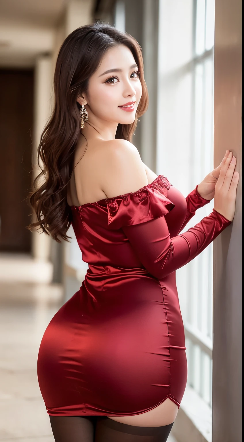 Realistic female college student in formal clothes、Chubby body type、Plump、big、height　155cm、maternal、A kind smile、((Long dress、Glowing red、Gorgeous shiny satin dress、Off the shoulder, Big slit, Ultra-realistic pantyhose:1.3, Pantyhose-clad legs are visible through the slit))、Walking the hallway、Shot from the side、Laughter, View your viewers, RAW Photos, (8k、Highest quality、masterpiece:1.2)、(Intricate details:1.4)、(Photorealistic:1.4)、Octane Rendering、Complex 3D rendering with ultra-detail, Studio Soft Light, Rim Light, Vivid details, Super Detail, Realistic skin texture, Detailed aspect, Beautiful details in the eyes, Highly detailed CG Unity 16k wallpaper, Makeup, (Detailed Background:1.2), Shiny skin、