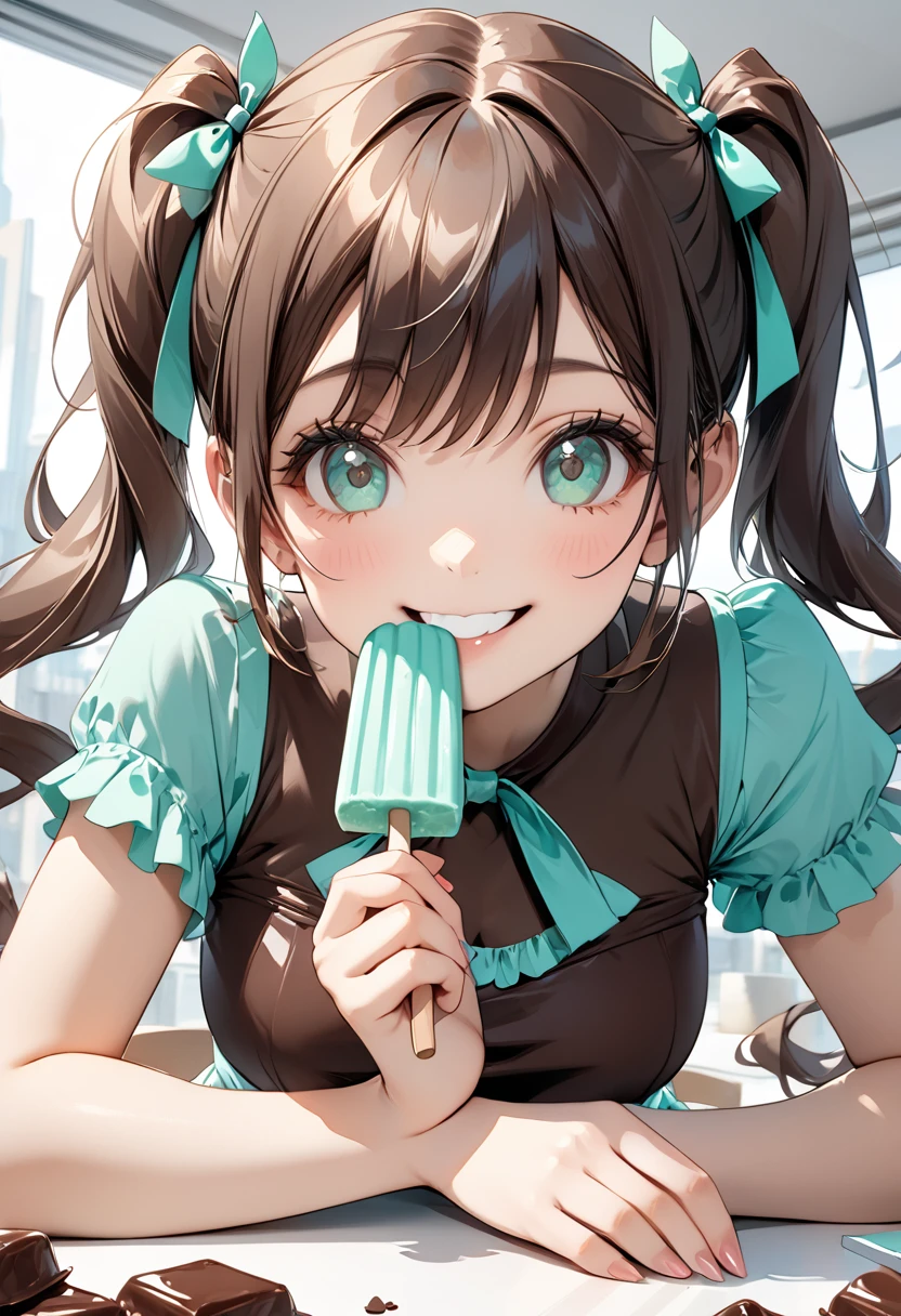 masterpiece, top quality, top image quality, detailed, beautiful, cute, art, one girl, girl eating a chocolate mint popsicle, smiling, cute smile, twin tails, chocolate mint colored dress, smiling at camera, white table, chocolate mint candy on table on the table, slightly up angle, pop art, 4K graphic