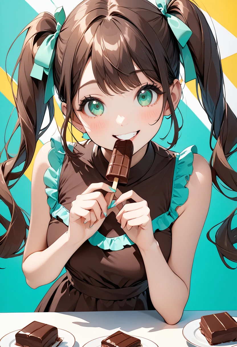 masterpiece, top quality, top image quality, detailed, beautiful, cute, art, one girl, girl eating a chocolate mint popsicle, smiling, cute smile, twin tails, chocolate mint colored dress, smiling at camera, white table, chocolate mint candy on table on the table, slightly up angle, pop art, 4K graphic