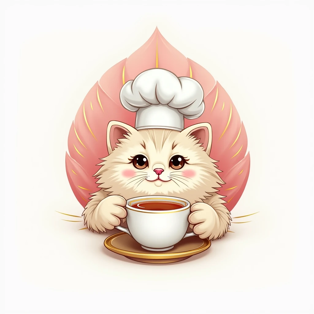 create a logo with the free logo maker, cute persian cat head drinking cup of tea, professional logo design, clean logo design, logo design, logo graphic design, abstract logo, professional logo, logo conceptual design, white background, logo vector art, pink leaf, digital art logo, logo design, 3D logo, gold theme, delicate details golden stroke, Simple logo, gold foil, cat body, wearing a white cute chef toque