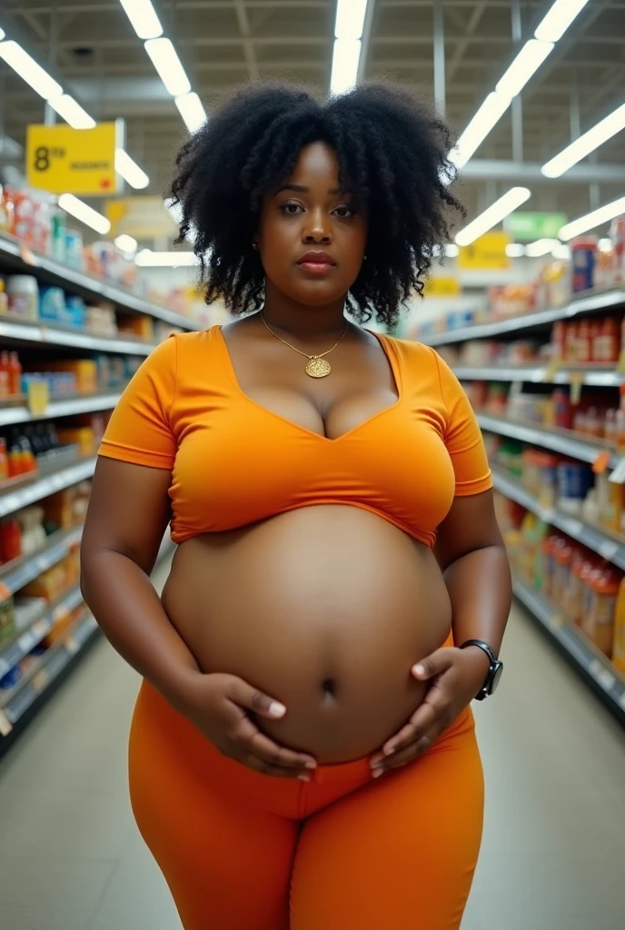 Your POV when you are invited to shop at the supermarket with Cardi B's stepmother, a plus size body who is 9 months pregnant and showing off her stomach and also wants other people to rub her stomach.. fisheye camera view, iphone camera style. HD, realface, cinematic