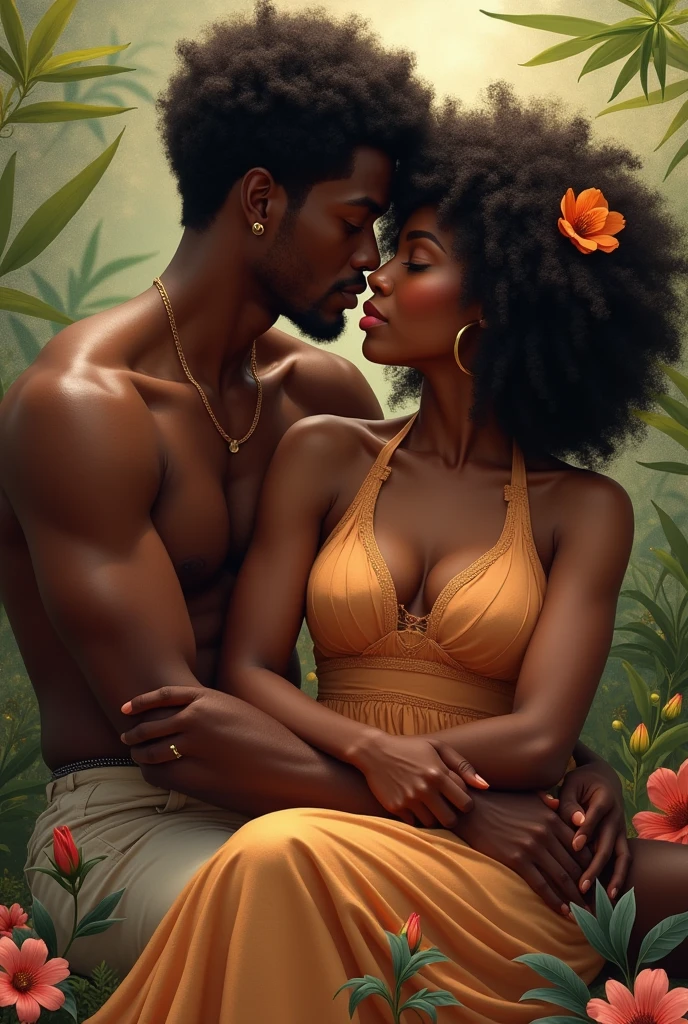 A black African girl with curly hair and big breasts sits with her fiance