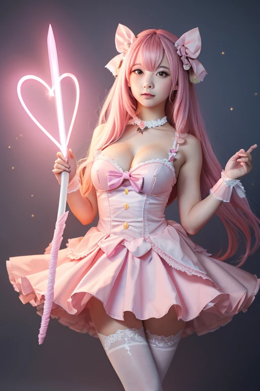 High resolution, 4K,Girl with pink hair, Small breasts, ゴージャスなMagical girlの衣装, Pink Eyes, Pink eyebrows, Well-formed face, Pink dress with ribbons and frills, I have a magic wand in my hand, The tip of the wand is a glowing pink heart., Designed to look like a bow and arrow, Magical girl, Panty shot, A little bit of underwear is visible., pants