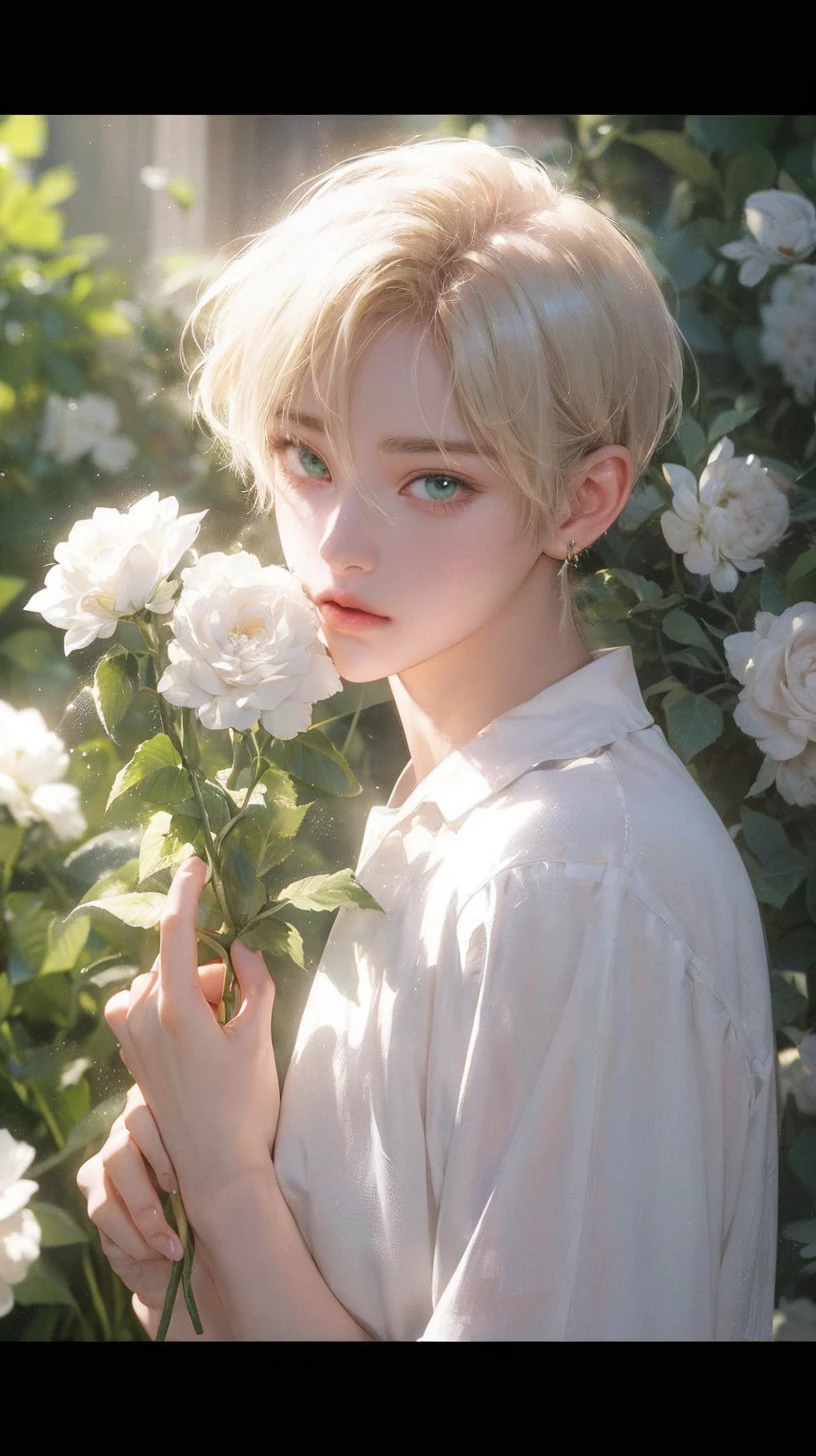 high resolution, best quality, realistic textures, golden hair, light bronze hair, Uneven bangs, Crescent Moon Earrings, fun / be happy, green eyesสว่าง,character design, illustration, decorative arts, Anime,golden hair, green eyes,Emerald eyes