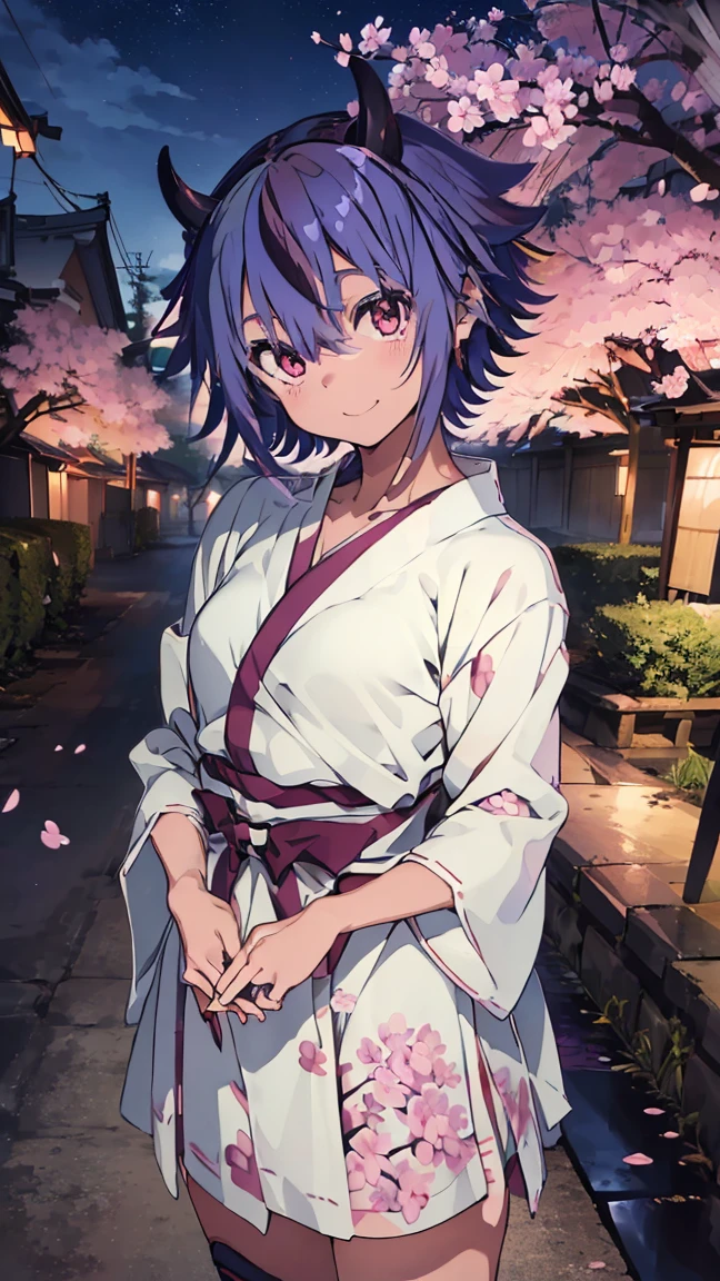 masterpiece, Highest quality, High resolution, Very detailed,(((Mikoto Naruka))), (((smile)))、(((Standing in the distance))), (((yukata))), (((night))), (((cherry blossoms))), (((Multicolored Hair))), (((horn))), (((Pink Eyes)))