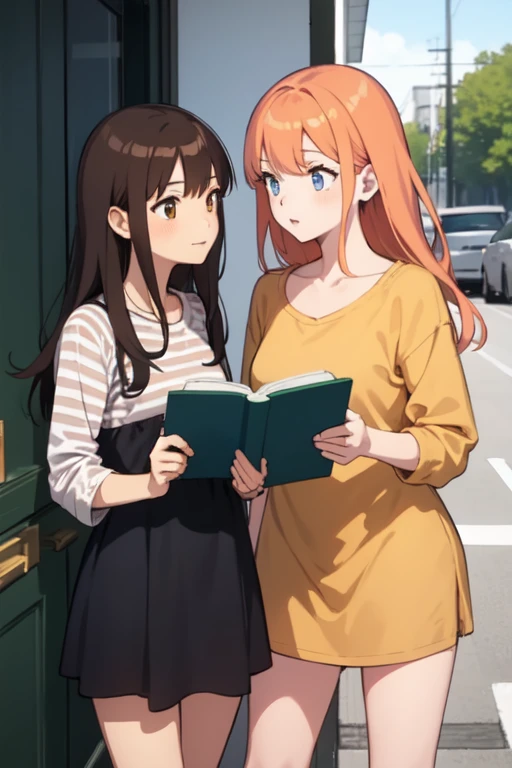 Sketch Two friends anime style softy looking at each other, one girl with long loose orange hair and the other girl with long loose brown hair, The brown-haired girl has a book in her hands, The brown-haired girl has a blue striped shirt and the orange-haired girl has a dress 