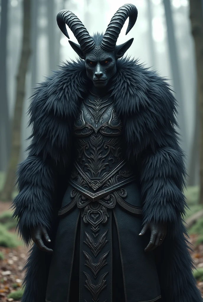 there is a man dressed in a costume with horns and a goat head and wolf ear, Au'Ra, final fantasy 14 style, wearing intricate fur armor, black fur armor, ffxiv, final fantasy xiv, ffxiv heavensward, final fantasy 14 sharp