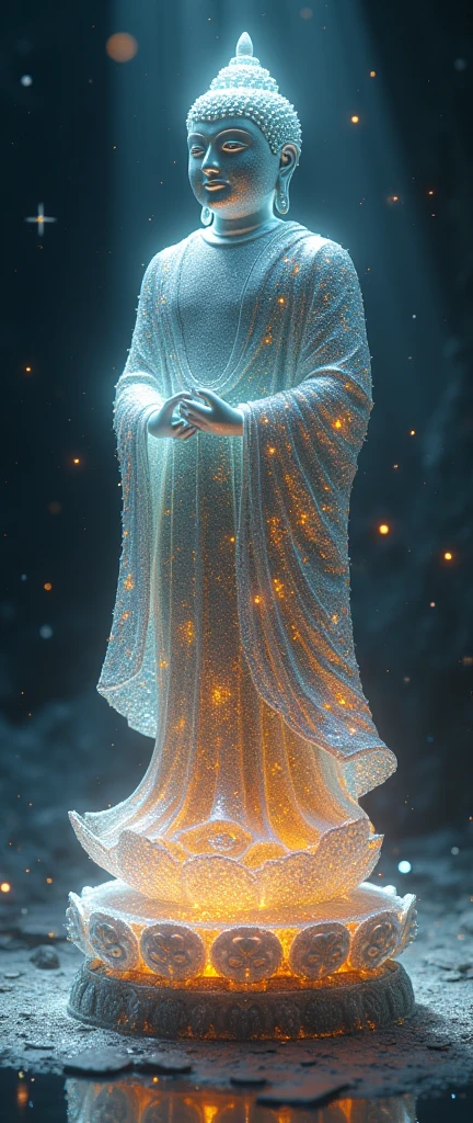 Buddha statue manifesting through a shattered glass effect, existing in an abyss of undefined space, portraits a being transcending reality, infused with radiant energy, structured at the molecular level to exhibit stunning textures, adorned with iridescent and luminescent scales that amplify its breathtaking beauty and reflect pure perfection, its divine presence is unforgettable and commands their attention, surrounded by volumetric light showcasing auras and rays