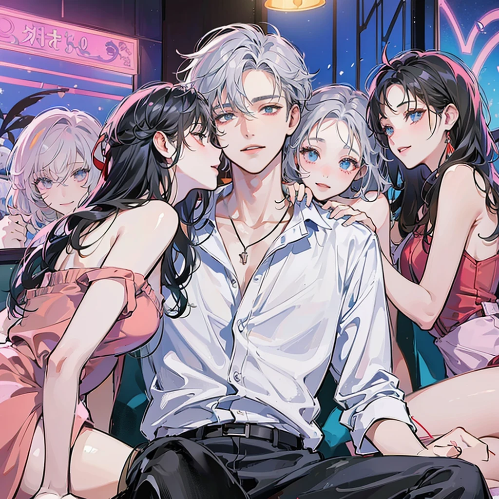 A man wears a white shirt.,short red hair,

About twenty-five years old, with short silver hair and a crazy feeling, sitting on a KTV sofa under colorful lights, with two beautiful girls sitting beside him, holding two girls, and three beautiful girls standing behind him, smiling.,

bright colors,

The drawing style is clean, the best image quality, high detail, ultra-high resolution, 8K resolution.,

Korean style manga, illustration style, two yuan, detailed lines, Chiaroscuro 00001