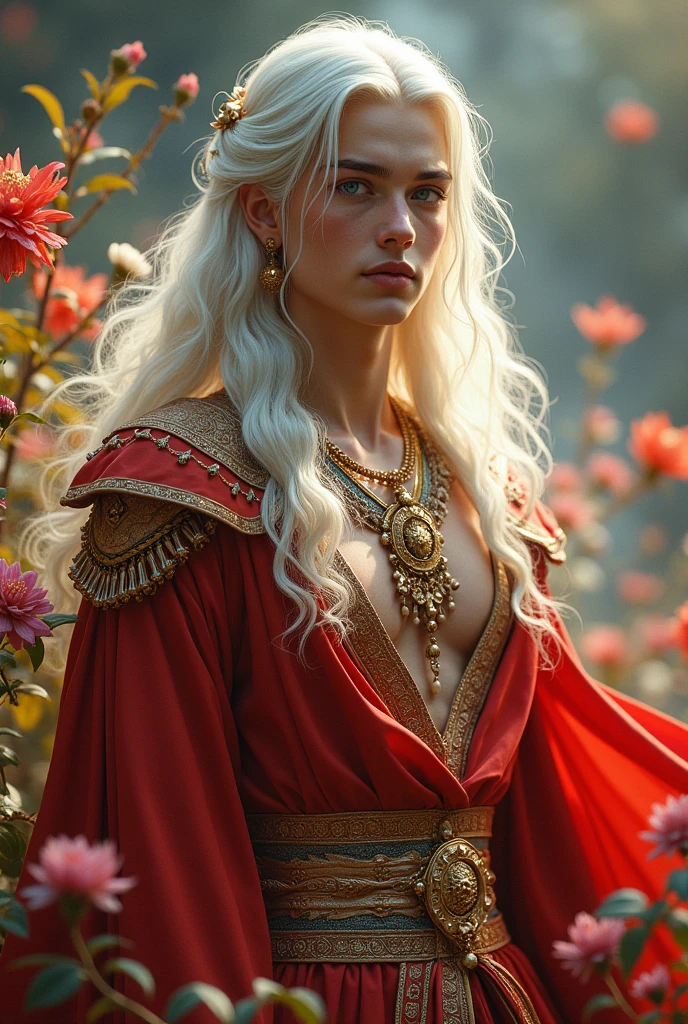 Young man, solo, (((gold and red dress))), flowers, jewelry, long sleeves, wide sleeves, chinese clothes, hanfu, embroidery, long skirt, long flowing white hair, detailed face, detailed beautiful blue eyes, (intricate:1.3), (arcane aura:1.2), (dreamlike: 1.3), (subtle mist:1.1), (vibrant colors: 1.2), (detailed hair:1.3), (ultra realistic details:1.5),