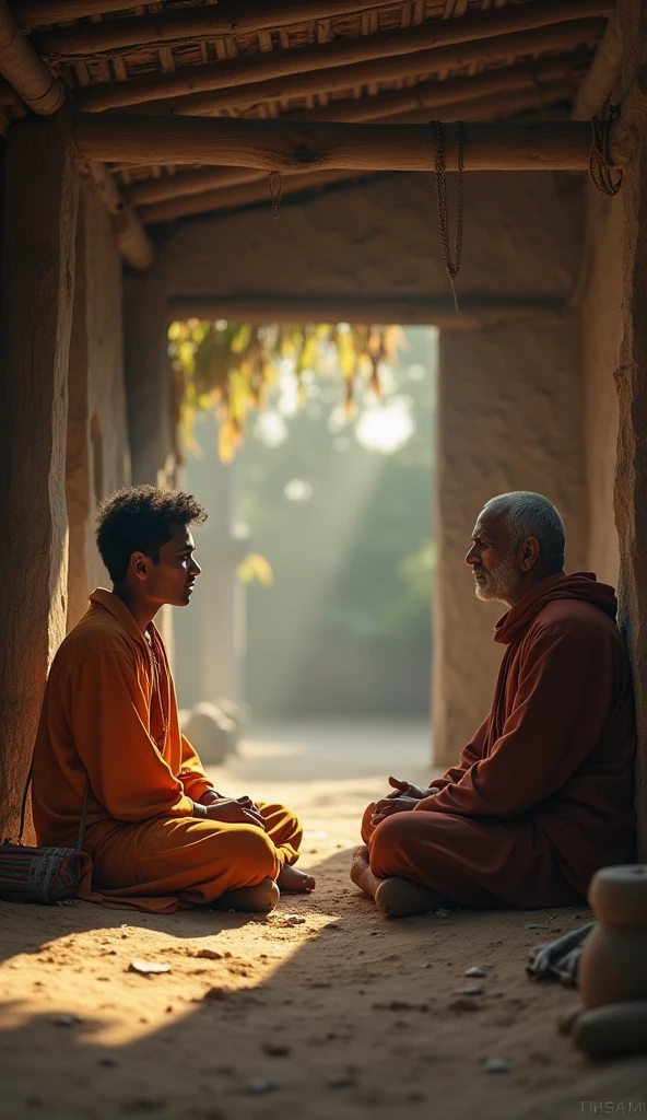 A young man in his early 20s, dressed in simple, modern village attire. Ravi has a restless and eager expression, with eyes that show both determination and frustration. He carries a small bag over his shoulder, symbolizing his journey to seek answers. As the story progresses, Ravi’s expressions soften, reflecting his gradual understanding and acceptance of patience. The scene shows Ravi sitting cross-legged in front of the wise monk inside a simple, humble hut. The monk sits opposite him, The monk’s expression is calm and welcoming, while Ravi looks eager and slightly impatient, leaning forward as he listens intently. realistic photo.