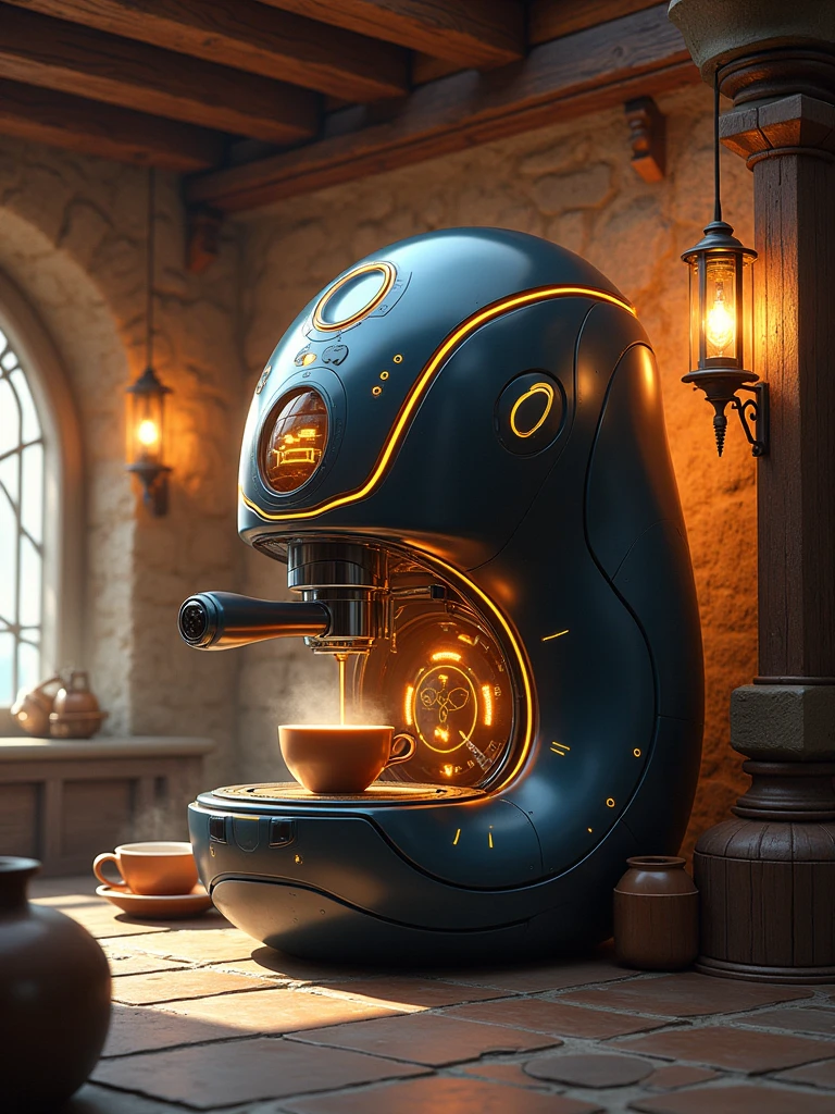 “High-resolution, ultra-detailed illustration of a futuristic coffee maker shaped like a coffee bean, placed in a medieval-style coffee shop. The coffee maker features sleek, metallic surfaces with glowing interfaces, blending modern technology with the rustic charm of medieval architecture. Wooden beams, stone walls, and old-fashioned lanterns surround the high-tech coffee machine, creating a striking contrast. Warm, ambient lighting illuminates the scene, highlighting the intricate details of both the coffee maker and the medieval setting.”