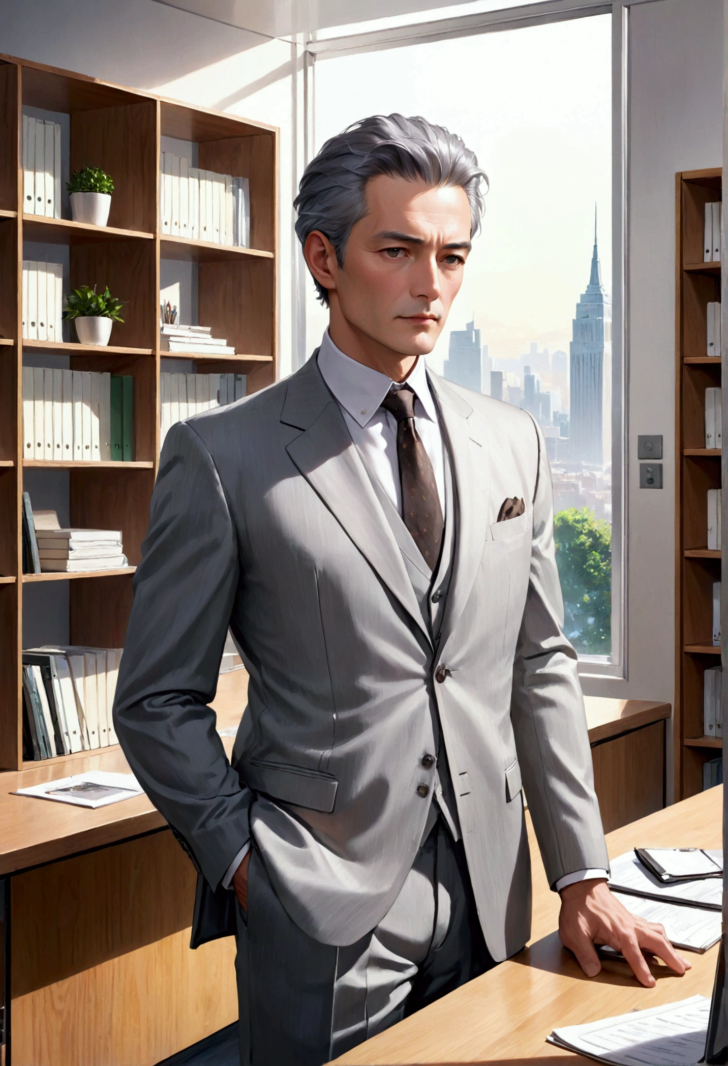 A man with a mature appearance (50 years) with light grey three-piece suit attire, The hair looks very short, almost shaved.. he stands to the side of a wooden desk, Behind a bookshelf. The environment around him is a modern office, bright with light, the man's impressive appearance looks majestic, Impressive realism.