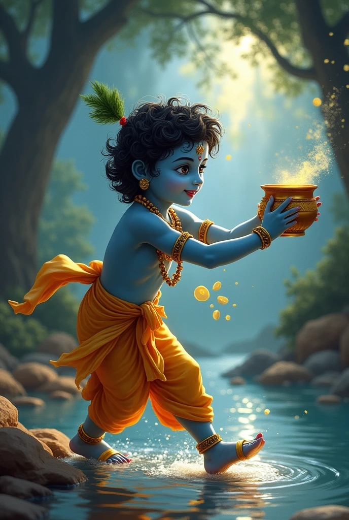 Stealing Butter (Makhan Chori): Young Lord Krishna, along with his cowherd friends, mischievously stealing butter from a hanging pot. His face is lit with a playful smile and a mischievous glint in his eyes.Defeating Kaliya Naag: Lord Krishna dancing on the multiple hoods of the venomous serpent Kaliya in the waters of the Yamuna River, with water bubbles rising around and fumes emanating from Kaliya’s heads.Lifting Govardhan Hill: Lord Krishna lifting the massive Govardhan Hill on his little finger, providing shelter to the villagers of Gokul beneath, while thunderous clouds sent by Indra loom ominously above.Raasleela (Divine Dance): A beautiful night in the groves of Vrindavan where Lord Krishna is dancing with the Gopis (cowherd maidens) in a divine circular dance, surrounded by the music and joy of the moment.