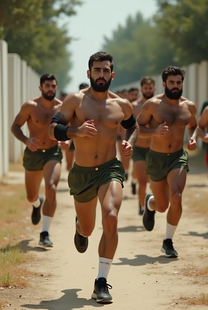 Young Iranian military men, strong, muscular, bearded, running in olive green skimpy underwear, white socks and black sneakers, with black armbands on the left arms, inside an army barracks with trees and white walls in the background.