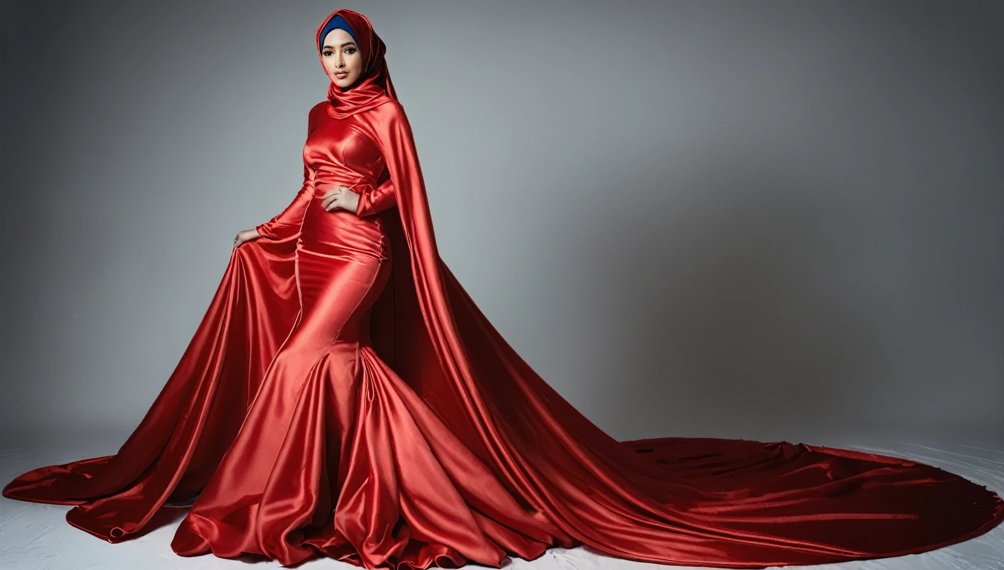 A woman shrouded in a 10-meter-long, plush red satin cloth, tightly bound and grandly draping along the form of her body, flowing off into a pooled floor-length train, styled in a mermaid-inspired outfit, her head modestly veiled in a satin hijab, tall woman, in photo studio, a full-body pose posing in front of people, captured in a 4k resolution, ultra-realistic