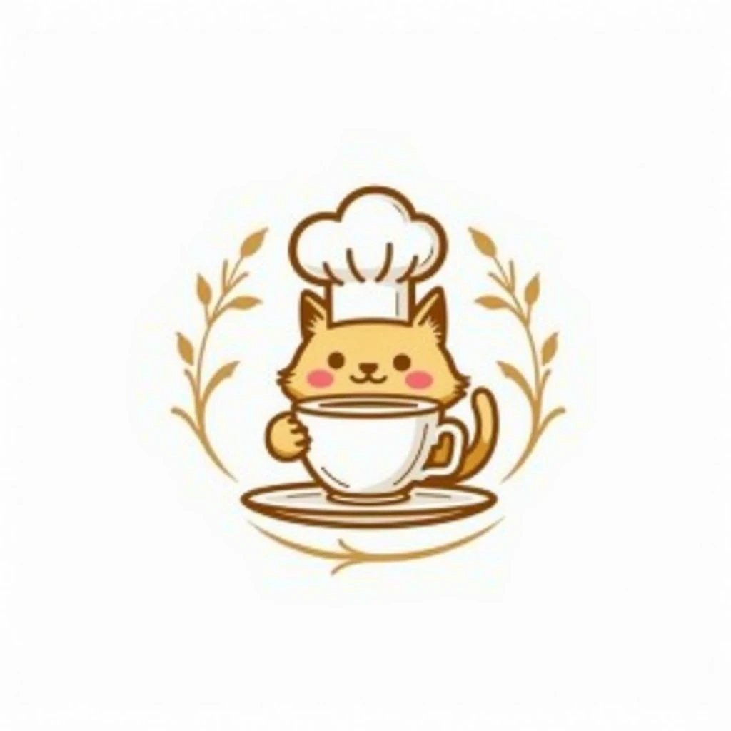 create a logo with the free logo maker, cute persian cat head drinking cup of tea, professional logo design, clean logo design, logo design, logo graphic design, abstract logo, professional logo, logo conceptual design, white background, logo vector art, pink leaf, digital art logo, logo design, 3D logo, gold theme, delicate details golden stroke, Simple logo, gold foil, cat body, wearing a white cute chef toque, silhouette