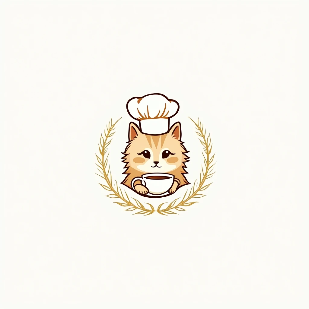 create a logo with the free logo maker, cute persian cat head drinking cup of tea, professional logo design, clean logo design, logo design, logo graphic design, abstract logo, professional logo, logo conceptual design, white background, logo vector art, pink leaf, digital art logo, logo design, 3D logo, gold theme, delicate details golden stroke, Simple logo, gold foil, cat body, wearing a white cute chef toque, silhouette
