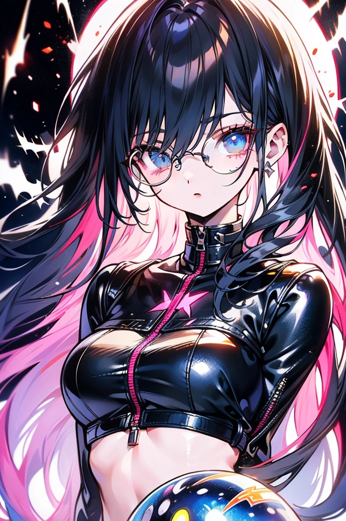 neo tokyo,4K, wallpaper, resolution 3840x2160, A high resolution, Best quality at the best price, masterpiece, Perfect colors, perfect shadow, perfect lightning, ((portrait)), 1 Female, fitter, muscular body, glowing eyes, high detailed eye, Dark blue hair , Blue eyes, With round lenses, Details in the eyes, The audience watched attentively, (s face: 1.2), perfect female figure, ((stand)), ((neon pink crop top leather suit)), ((shy and looking at the viewer)), (Perfectly dense, white eyebrows) soft fur, Details face, is the perfect face, On a fantasy planet , (model pose stand), energetic background, perfect city skyscape, Lighting mood, ((Bonifasko lighting)), (The round lenses on his eyes)(detailled eyes), Perfect student, face close up