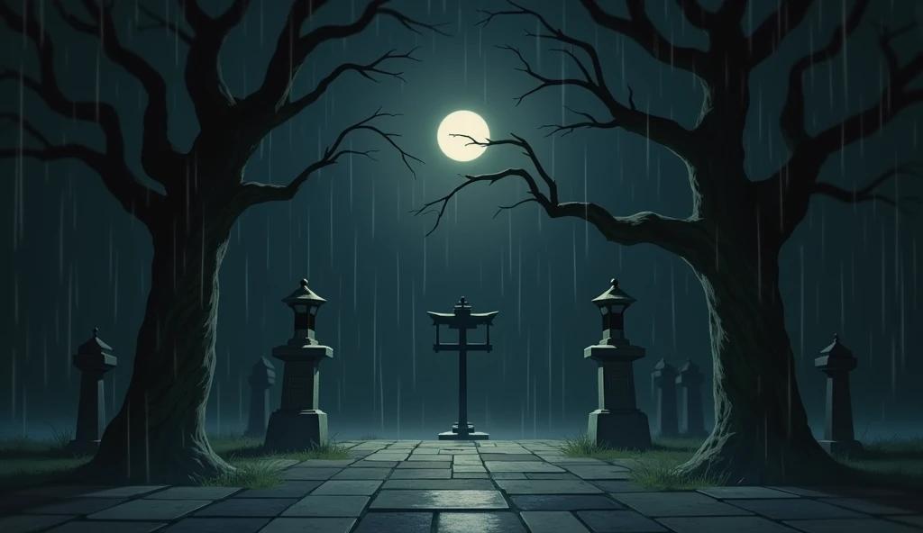 a japanese cemetery, no people, raining, night, moon, In the style of Makoto Shinkai。master piece, ultra detail, precision, ultra-realistic,