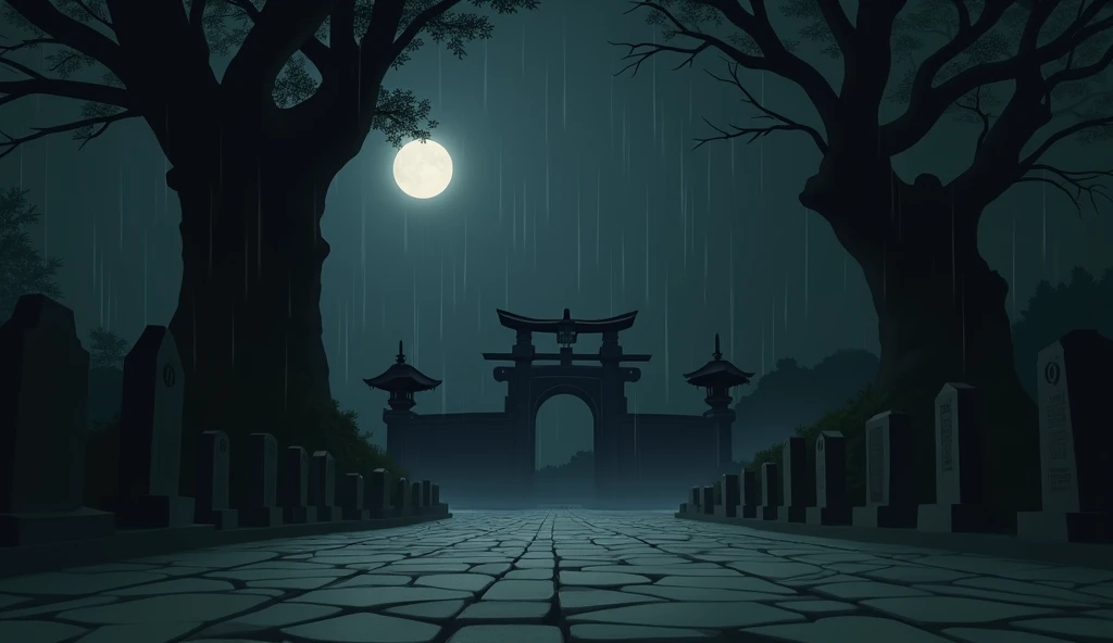   a japanese cemetery, no people, raining, night, moon, In the style of Makoto Shinkai。master piece, ultra detail, precision, ultra-realistic,
