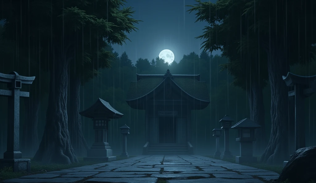 a japanese cemetery, no people, raining, night, moon, In the style of Makoto Shinkai。master piece, ultra detail, precision, ultra-realistic,