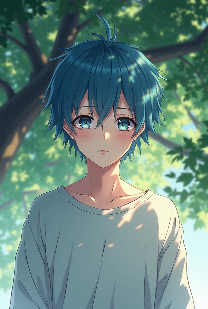 Soft 1 anime boy with short messy blue hair and bright grey eyes. He stand in front of a tree