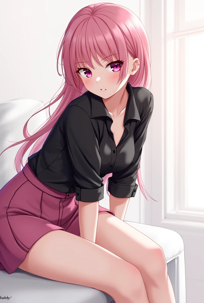 (masterpiece:1.2, top-quality), (realistic, photorealistic:1.2), beautiful illustration, (natural side lighting, movie lighting), , 
looking at viewer, 1 girl, japanese, housewife, 23 years old, perfect face, cute and symmetrical face, shiny skin, 
(long hair:1.5, wavy hair:1.6, pink hair), crossed bangs, purple eyes, long eye lasher, (large breasts), nipple hardening, slender, 
beautiful hair, beautiful face, beautiful detailed eyes, beautiful clavicle, beautiful body, beautiful chest, beautiful thigh, beautiful legs, beautiful fingers, 
((black u-neck t-shirts, black box pleated skirt with belt)), 
(beautiful scenery), evening, (living room), sitting sofa, (happy smile, open mouth small), 