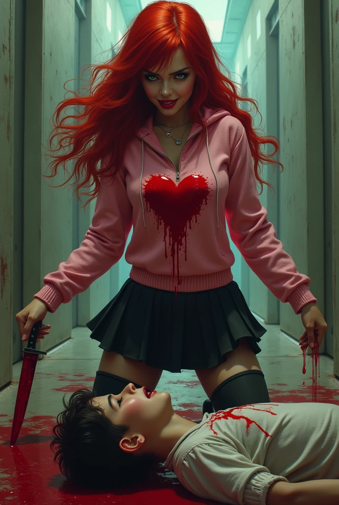 Seductive and Beautiful young woman with a soul of pure evil and hatred. Alluring green eyed, long red haired serial killer wearing a pink hoodie with a bloody heart on it, pleated skirt, tights, and combat boots. Surrounded by blood and bodies. She cuts the throat of a boy viciously, A bloody knife in her right hand. A sinister smile crosses her glossy red lips.