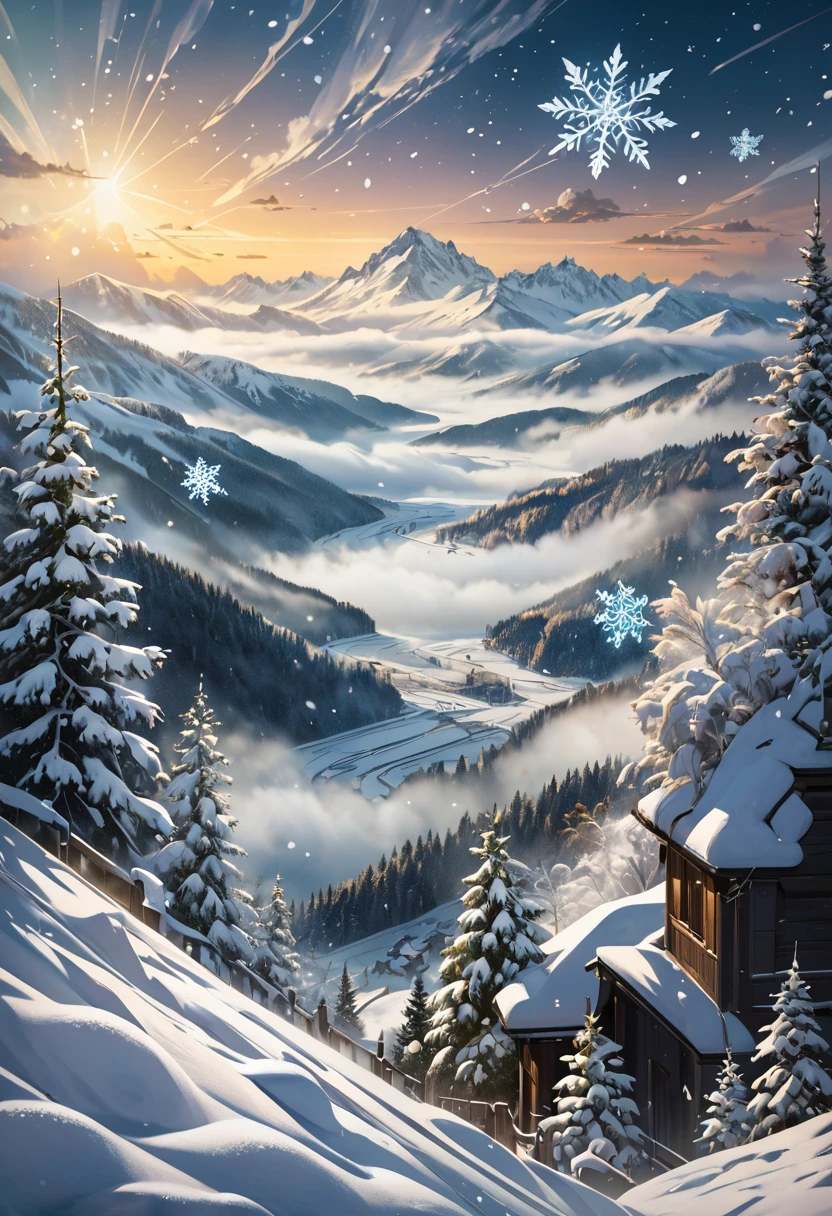 Deep snow, Countless snowflakes are falling from the sky, Landscape Painting，Showing a wonderful view, (Extremely detailed, Absolute resolution, best quality:1.3), 2.5D, Delicate and dynamic special effects, glitter effects, Fog filter effect, artistic, artistic photography, Surrealism, CG digital art