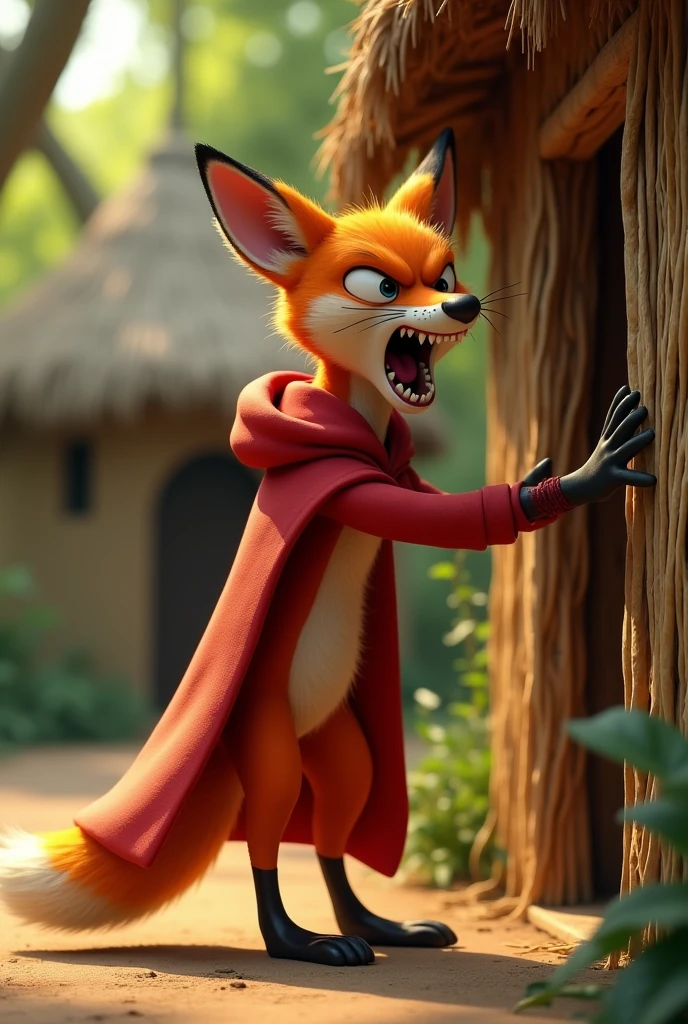 closeup sideview 3D illustration, (1male fox:1.2), (extremely angry expression:1.3), wearing a red cape and a red hoodie standing on its too feet like a cartoon character, (looking at the door and shouting like a devil), lean build, (disproportionate body long nose and mouth), (screaming notoriously), (realistic fur texture), (jungle background:1.4), standing and knocking the door of a straw house, sunlight filtering through the trees, (soft lighting:1.3), (green and earthy color scheme:1.3), (highly detailed), (ultra quality:1.3), (masterpiece), (digital art), 8K resolution, HDR, depth of field, (soft shadows), (photorealistic:1.3), (animation:1.2), (by Greg Rutkowski:0.9), (in the style of Alphonse Mucha), trending on ArtStation, award-winning art