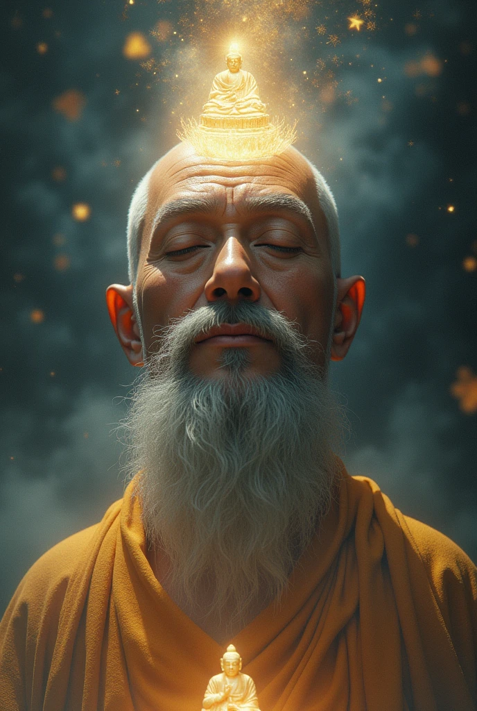 Super realistic, Digital Fantasy Artwork. Super detailed. The Saint Kuya chants Buddhist sutra, Na-mu-A-mi-da-bu-tsu. The six-letter word that comes out of his mouth will transform into six small Buddha statues. Close-up the face of The Saint Kuya. Awe and sacred atmosphere