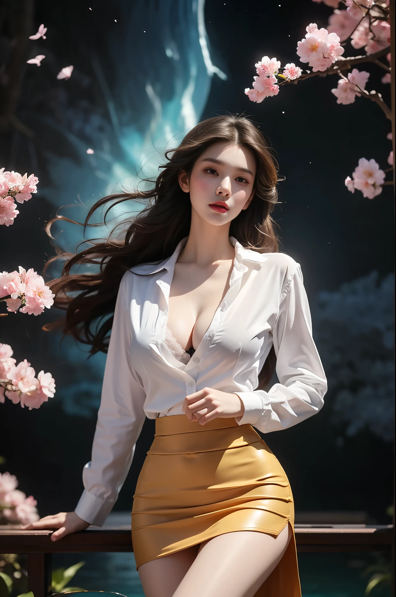 Secretary_uniform
white_shirt
black_leather_skirt
black_stockings graceful dancing, She gently lifted her skirt with one hand, Long legs , In the swimming pool, ((Flowing long hair))Official Art , Unity8k Wallpaper , Extremely detailed , Visible cleavage, Pretty and beautiful , 性感Long legs, masterpiece , best quality ,Practical, Very detailed illustrations ,Extremely detailed , Intricate details , Extremely complex and detailed , Very detailed 8KCG wallpaper , Caustics .reflection , Ray Tracing , Devil theme ,nebula ,Dark aura, Network Effects , (1 girl)solitary , 小蓝Butterfly , There are dozens of monarch butterflies around , (Blue plasma flame , (insect , Butterfly)) Pastel tones in Rococo style ,Light white and light dark red , Incredibly beautiful , Cherry blossoms , Surrealism ,painting , Ethereal , Mixing reality and fantasy elements ,Ray Tracing , Complex Mode , Exquisite lines , Perfect your hands, Starry Sky , rich and colorful , Star