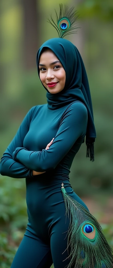 The beautiful Muslim asian adult girl with beautiful cheeks wears peacock lycra turtleneck unitard catsuit with large peacock tail and peacock lycra elastane stretchy dancewear inner hijab with peacock feather.She is happy.She always put real peacock eyeshadow makeup that are made of blue colour makeup pen.She acts a peacock.She is at Jungle.When she opens her tail beautiful.