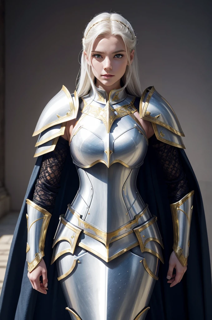arafed image of a man dressed in armor and a cape, render of heavy fantasy armor, pale porcelain white and gold armor, female knight, with sleek porcelain white and gold armor, female armor, sleek porcelain white and gold armor, with sleek porcelain white and gold metal armor, very stylish fantasy armor, porcelain white and gold armor, girl in knight armor, beautiful female knight, bikini armor female knight, concept armor, fantasy paladin woman