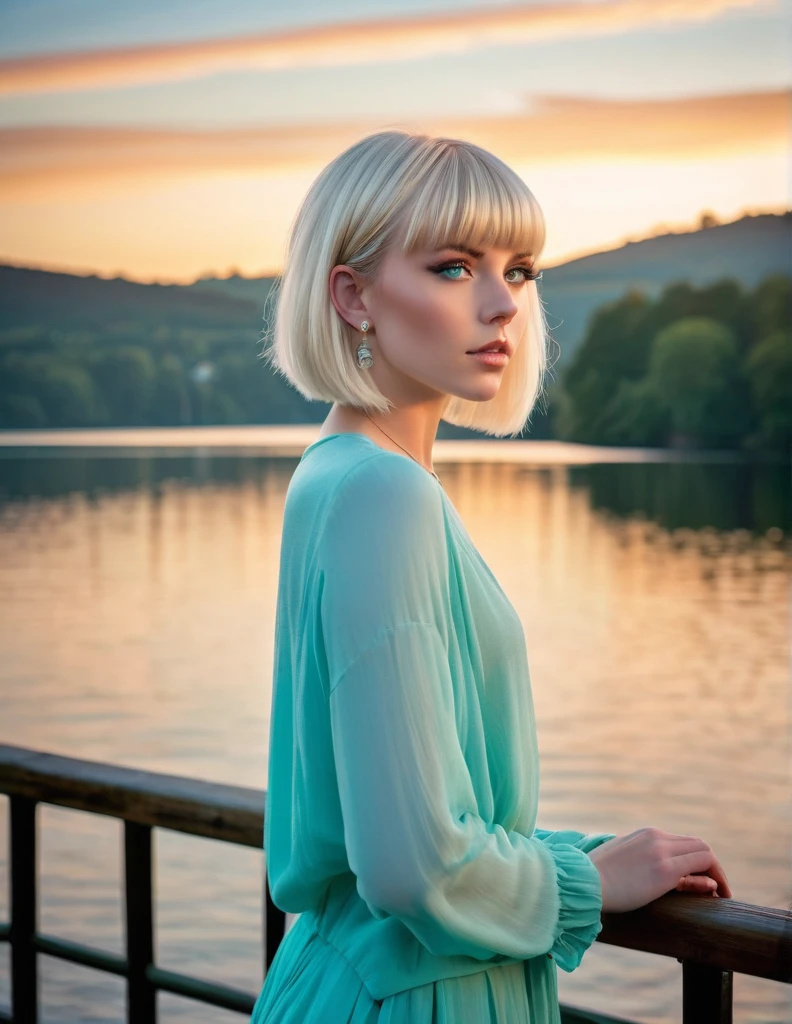 A stunningly beautiful young woman, with flawless porcelain skin and piercing turquoise eyes, stands on a pier overlooking Windermere at sunset. Her platinum blonde bob hair, styled with bangs, frames her delicate features as she gazes into the distance. The image, likely a high-quality photograph, captures every detail with precision and clarity, emphasizing the ethereal beauty of the scene.