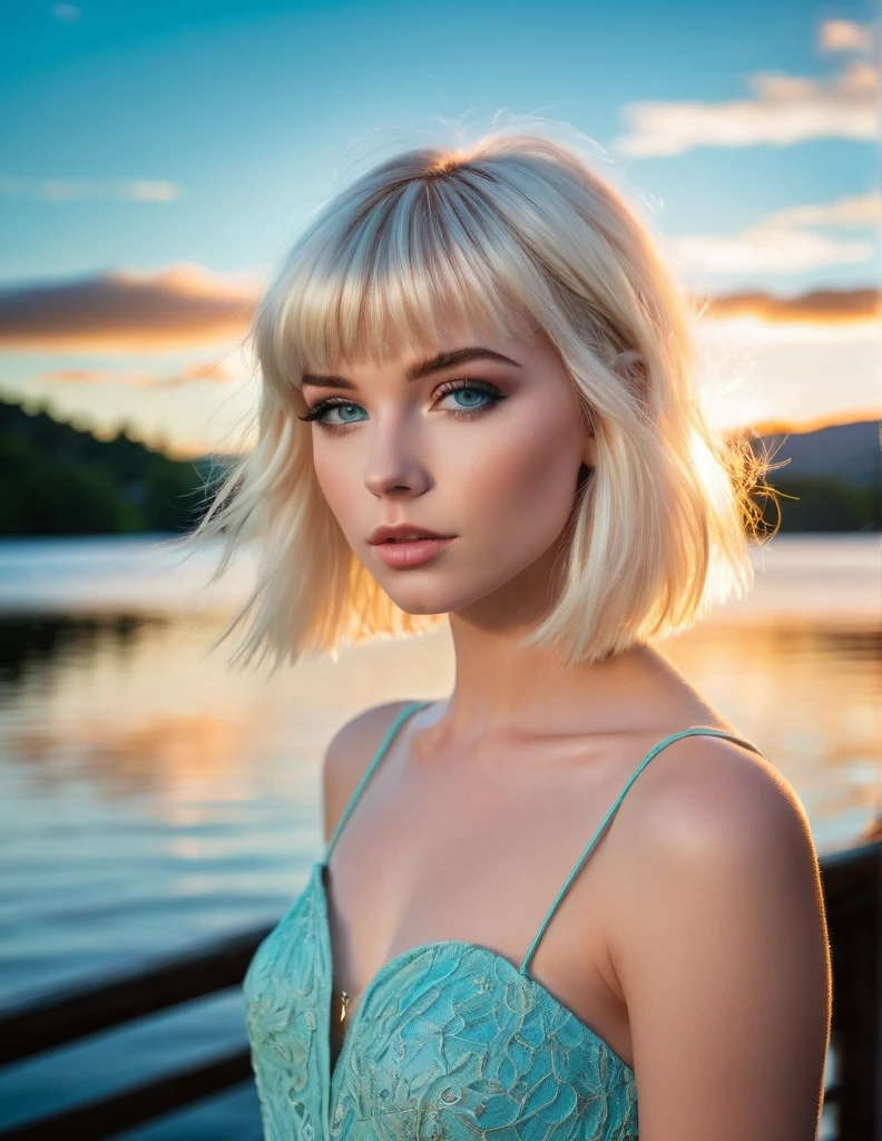 An ethereal beauty, the 2 Caucasian woman with a platinum blonde bob hair and bangs radiates elegance as she swims in Windermere. The photo captures her in a white bikini, her wet hair glistening under the sunlight. The image, likely a photograph, showcases her striking features and impeccable photo quality, highlighting every detail with clarity and precision. She exudes an aura of serenity and grace, captivating viewers with her allure and timeless charm.