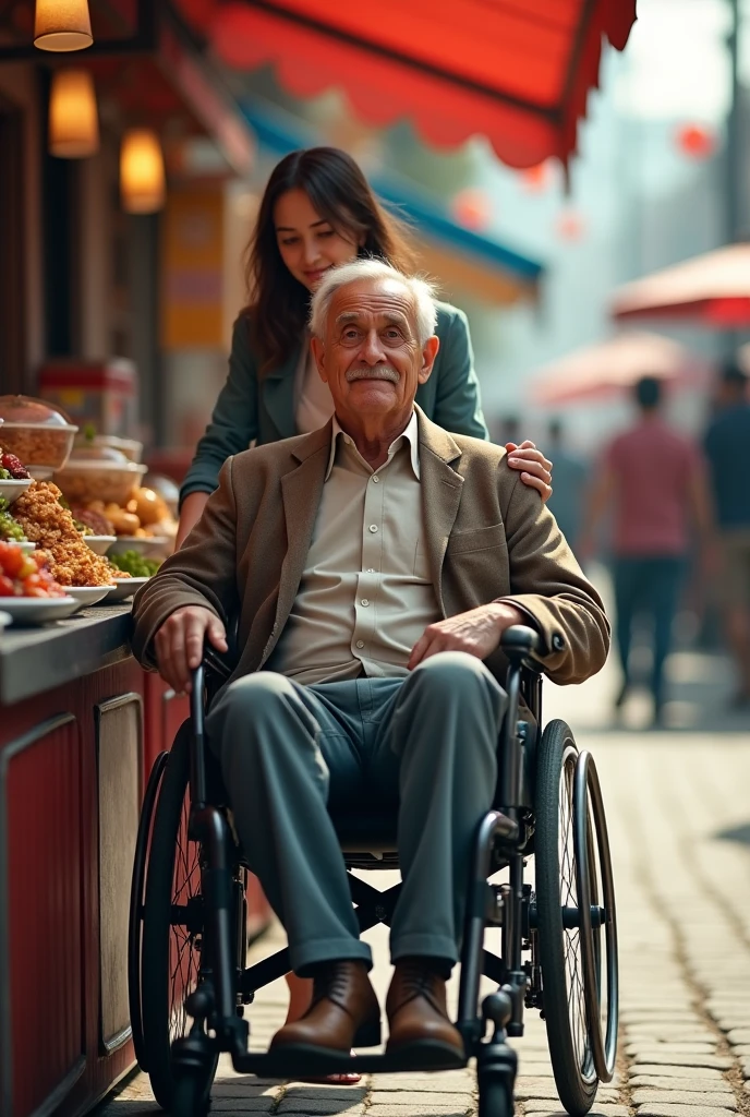 A man on wheel chair selling food and his blind daughter pushem him from behind