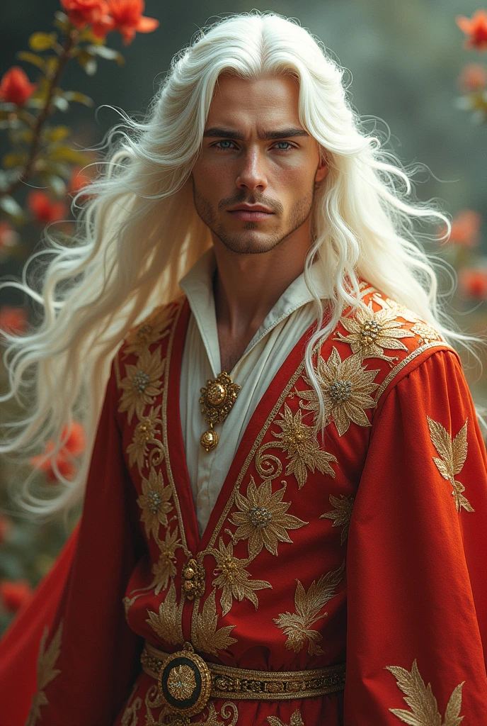 Young man, solo, (((gold and red dress))), flowers, jewelry, long sleeves, wide sleeves, chinese clothes, hanfu, embroidery, long skirt, long flowing white hair, detailed face, detailed beautiful blue eyes, (intricate:1.3), (arcane aura:1.2), (dreamlike: 1.3), (subtle mist:1.1), (vibrant colors: 1.2), (detailed hair:1.3), (ultra realistic details:1.5),