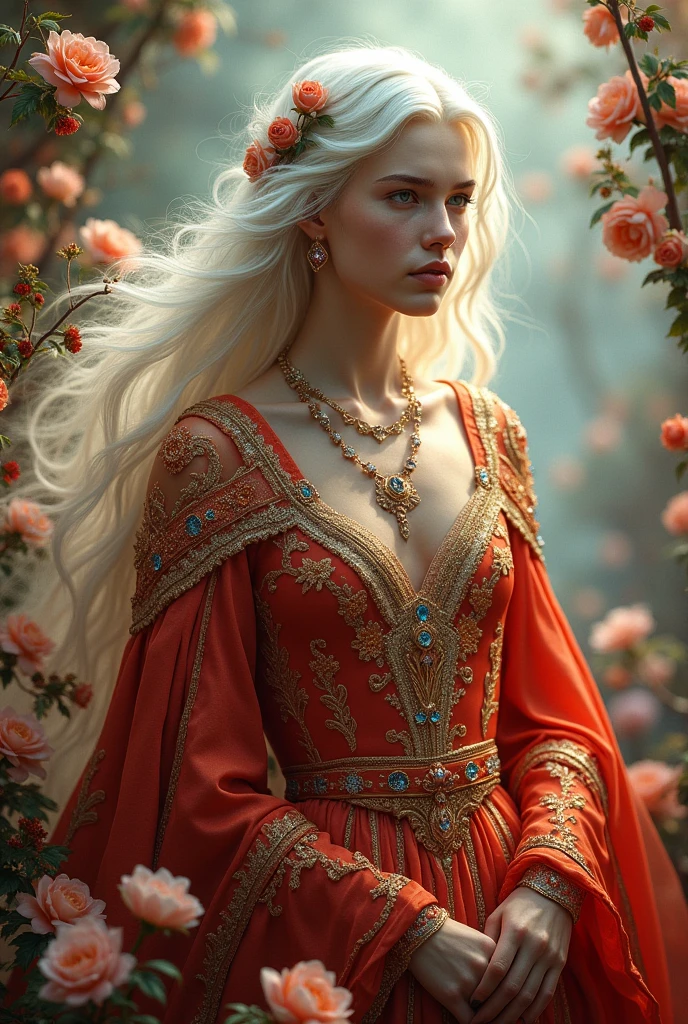 Young man, solo, (((gold and red dress))), flowers, jewelry, long sleeves, wide sleeves, chinese clothes, hanfu, embroidery, long skirt, long flowing white hair, detailed face, detailed beautiful blue eyes, (intricate:1.3), (arcane aura:1.2), (dreamlike: 1.3), (subtle mist:1.1), (vibrant colors: 1.2), (detailed hair:1.3), (ultra realistic details:1.5),