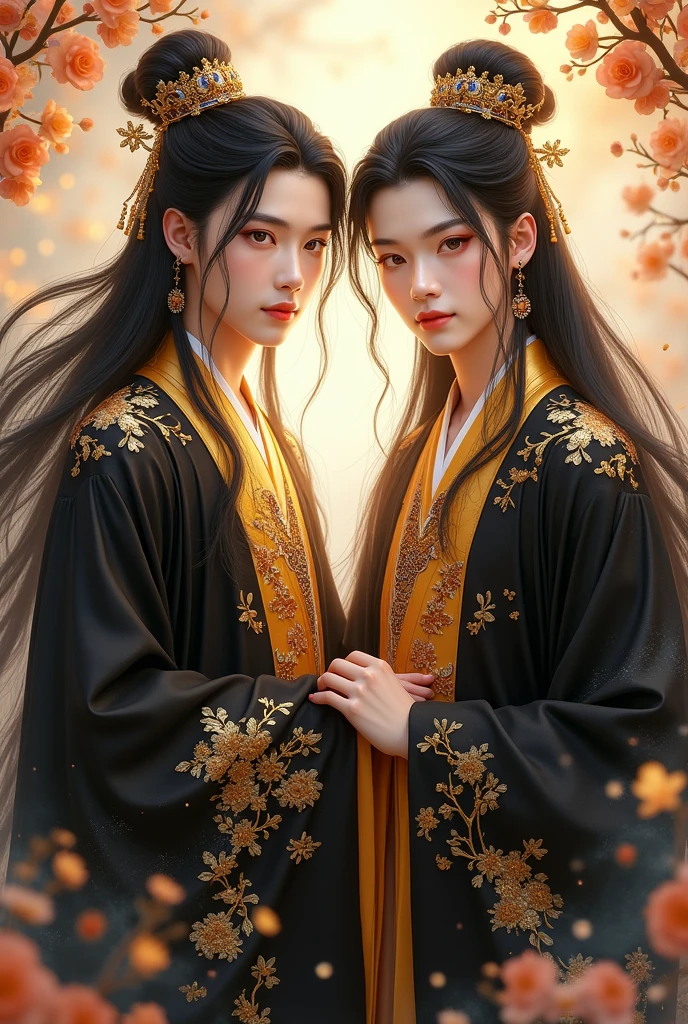 Twin young men, (((gold and black dress))), flowers, jewelry, long sleeves, wide sleeves, chinese clothes, hanfu, embroidery, long skirt, long flowing hair, detailed face, detailed beautiful eyes, (intricate:1.3), (arcane aura:1.2), (dreamlike:1.3), (subtle mist:1.1),(vibrant colors:1.2), (detailed hair:1.3), (ultra realistic details:1.5),