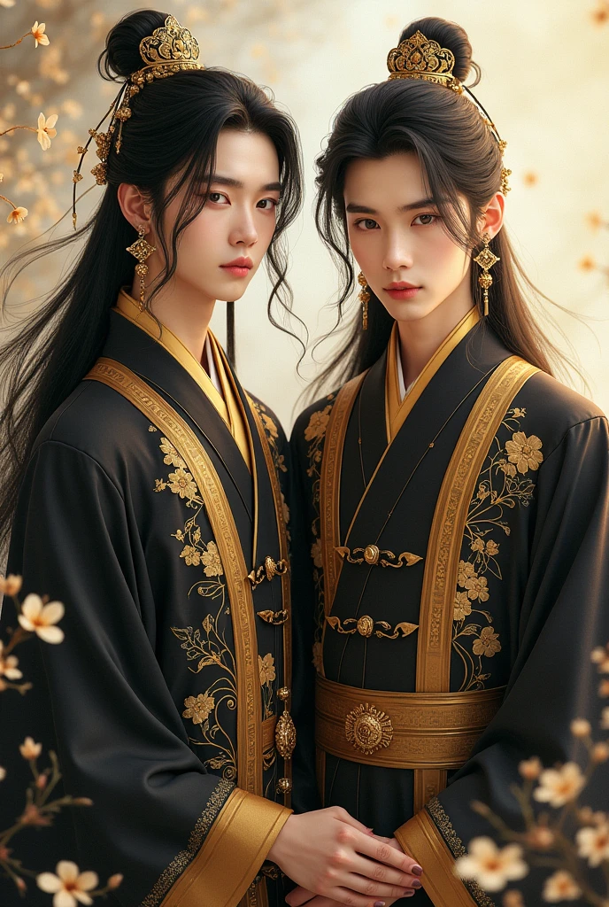 Twin young men, (((gold and black dress))), flowers, jewelry, long sleeves, wide sleeves, chinese clothes, hanfu, embroidery, long skirt, long flowing hair, detailed face, detailed beautiful eyes, (intricate:1.3), (arcane aura:1.2), (dreamlike:1.3), (subtle mist:1.1),(vibrant colors:1.2), (detailed hair:1.3), (ultra realistic details:1.5),