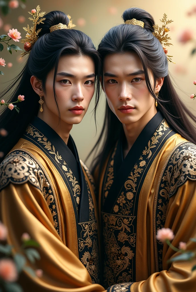 Twin young men, (((gold and black dress))), flowers, jewelry, long sleeves, wide sleeves, chinese clothes, hanfu, embroidery, long skirt, long flowing hair, detailed face, detailed beautiful eyes, (intricate:1.3), (arcane aura:1.2), (dreamlike:1.3), (subtle mist:1.1),(vibrant colors:1.2), (detailed hair:1.3), (ultra realistic details:1.5),