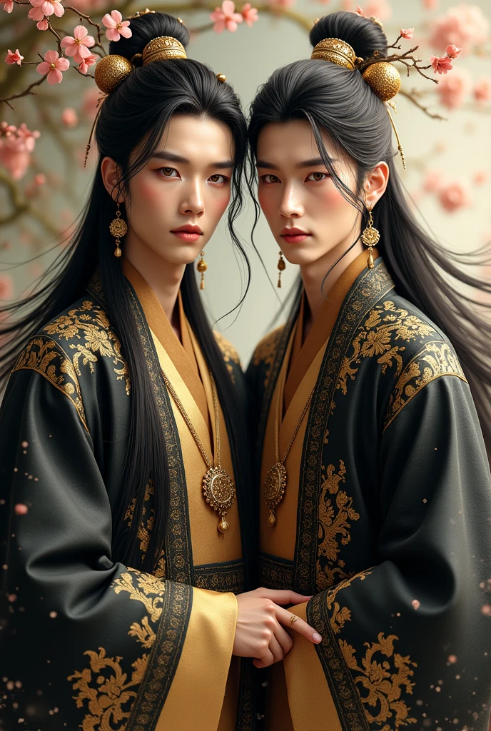 Twin young men, (((gold and black dress))), flowers, jewelry, long sleeves, wide sleeves, chinese clothes, hanfu, embroidery, long skirt, long flowing hair, detailed face, detailed beautiful eyes, (intricate:1.3), (arcane aura:1.2), (dreamlike:1.3), (subtle mist:1.1),(vibrant colors:1.2), (detailed hair:1.3), (ultra realistic details:1.5),