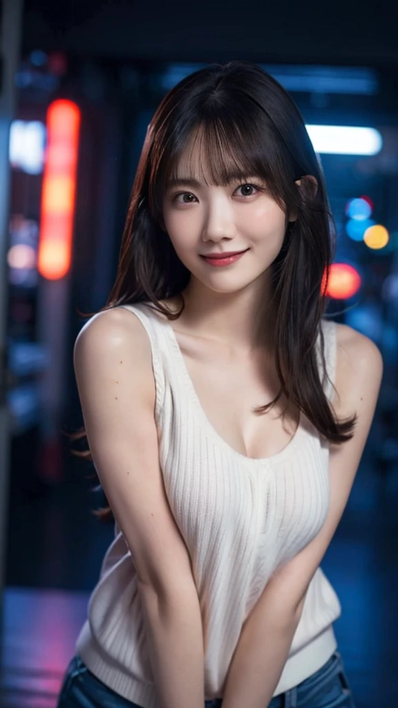 1girl,(wearing a knit strap tanktop),(RAW photo, best quality), (realistic, photo-realistic:1.4), masterpiece, an extremely delicate and beautiful, extremely detailed, 2k wallpaper, Amazing, finely detail, extremely detailed CG unity 8k wallpaper, ultra-detailed, highres, soft light, beautiful detailed girl, extremely detailed eyes and face, beautiful detailed nose, beautiful detailed eyes,cinematic lighting,city lights at night,perfect anatomy,slender body,light smile,close up,(long hair with bangs), medium breast,open shoulder,NSFW